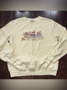 Nikki Vintage Butter Yellow Crewneck Sweatshirt with Embroidered Village Motif